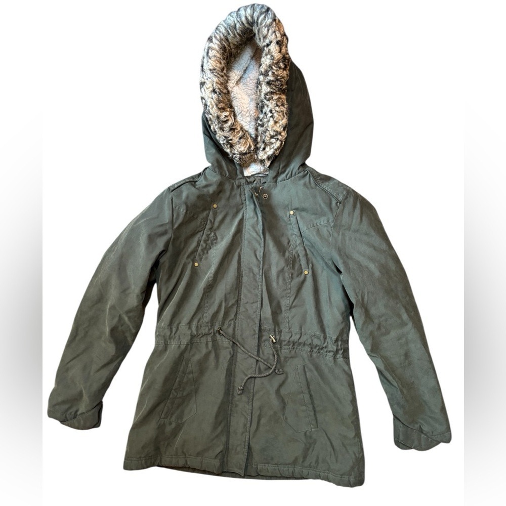 GH Bass Green Hoodie Parka Women M Faux Fur Trim Jacket Coat Removable Fur‎ Trim